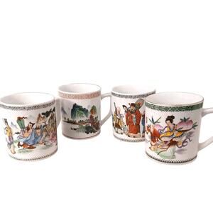 4 Set Chinese Coffee Mug CUPS Hand Painted Oriental Asian Geisha China Red Mark